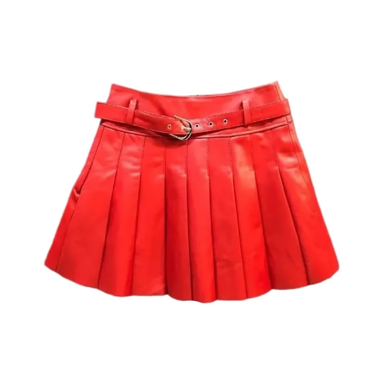 Women Sheepskin Leather Pleated Skirt High Waist Belt Casual Party Mini Skort Skirts Red
