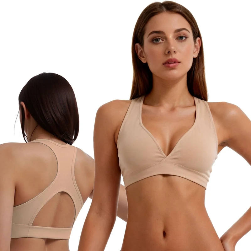 Fiohiros Sports Bras for Women Deep V Padded Sports Bra Seamless Wirefree Criss Cross Bra for Yoga Gym Runing (UK, Alpha, XL, Regular, Regular, Nude)
