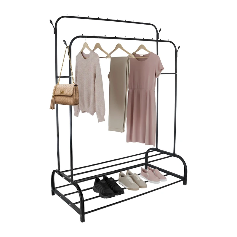 Relaxdays clothes, HxWxD: 155 x 110 x 55 cm, 2 shelves & 2 rods, 4 hooks, double garment rack, black, Plastic, Iron