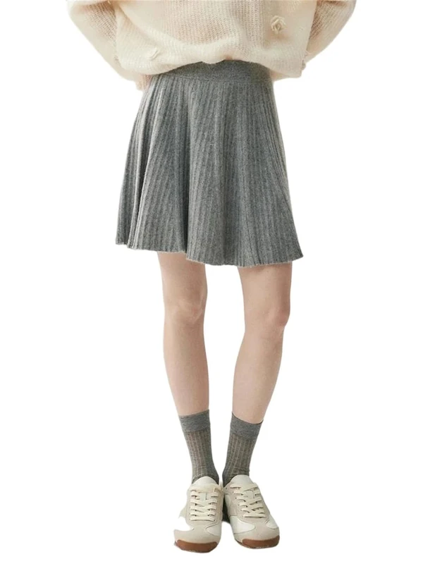 Women's Cashmere Pleated Skirts Short A-Line Above Knee Mini Skirt Cashmere Knitted Elastic Waist Dress