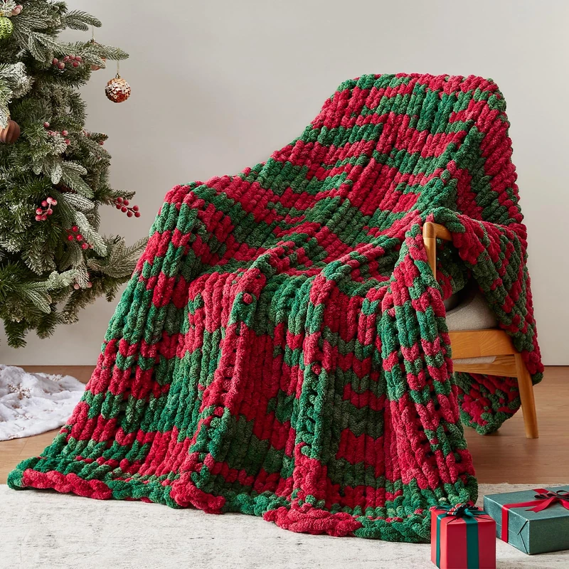 Negwoo Chunky Knit Throw Blanket, 80''*90'' Knitted Throw Chenille Yarn for Bed Couch, Handmade Stripe Crochet Big Thick Blanket, Machine Washable Cute Comfy Blanket for Home Decor