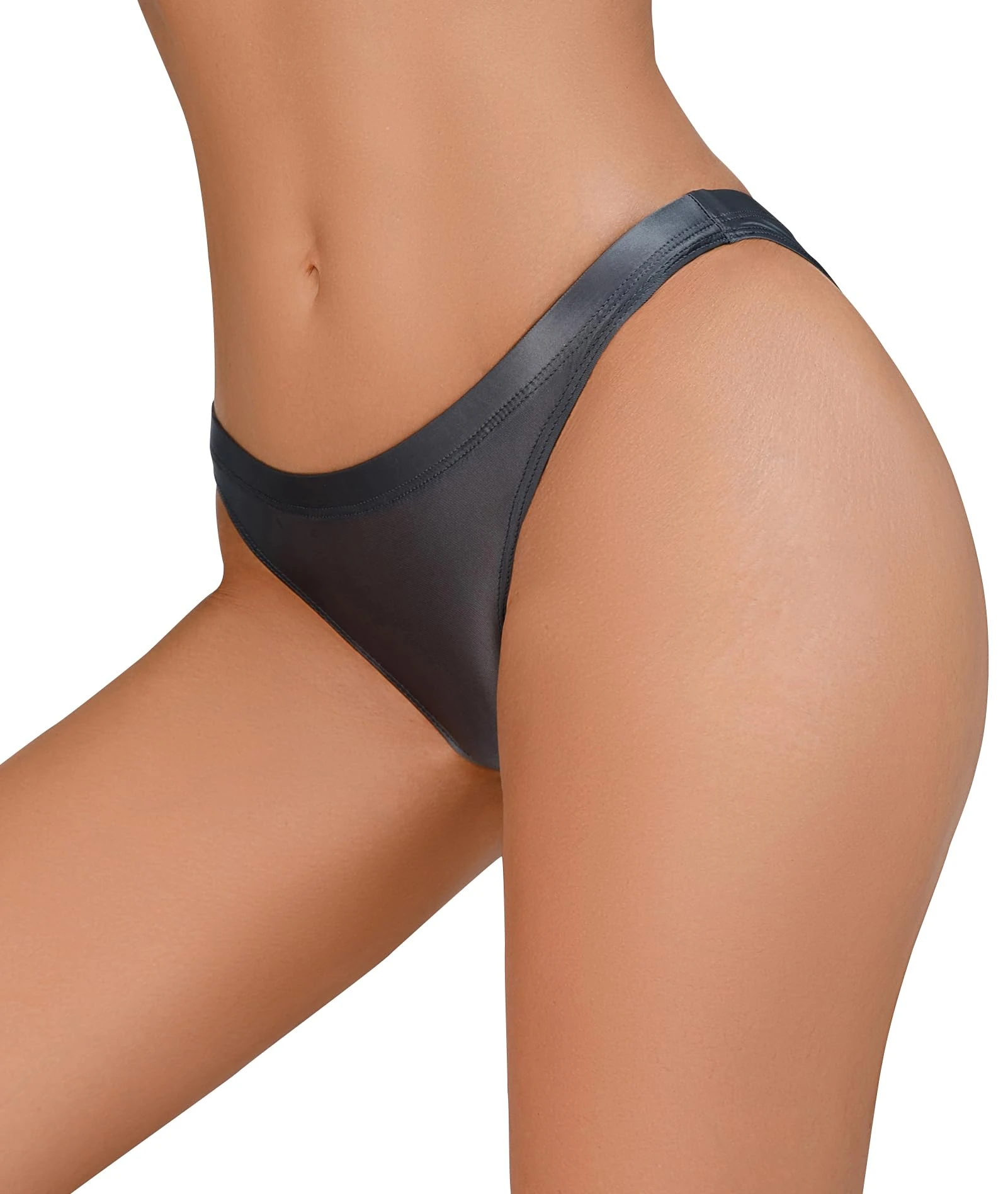 Women High Cut Shiny Glossy Thong See Through T Back Underpants Scrunch Butt Lifting Booty Underwear Grey S
