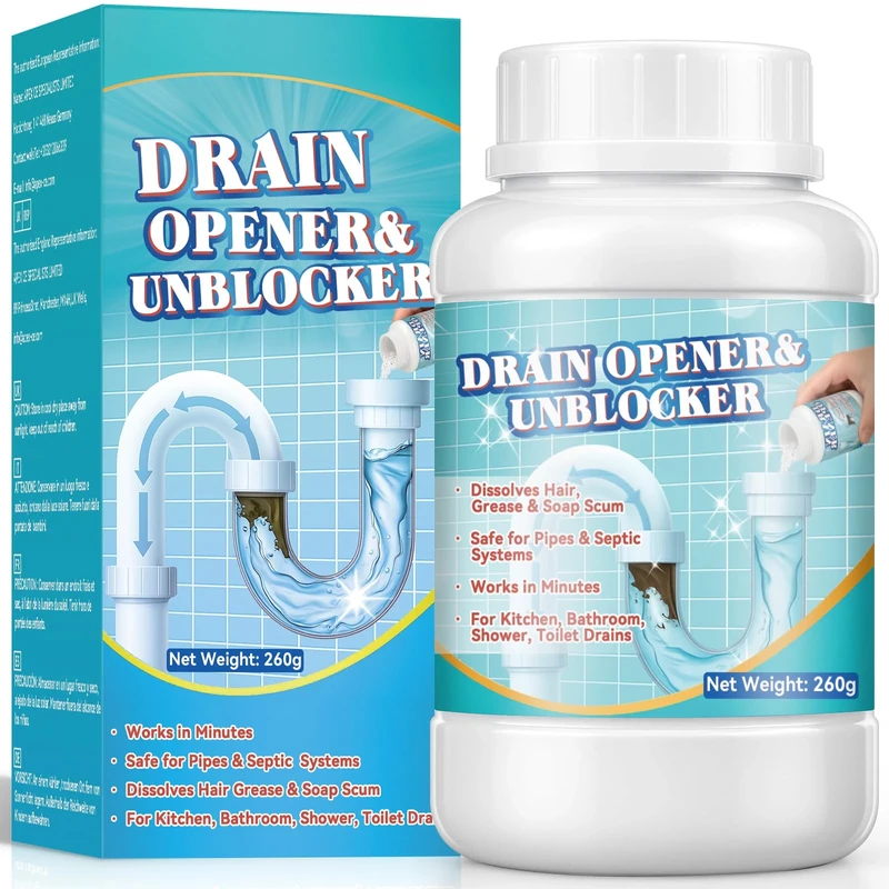 Drain Unblocker 260g, Heavy Duty Drain Cleaner for Kitchen Sink, Toilet, Shower and Outdoor Pipes, Sink Unblocker for Hair, Grease and Food Clogs, Fast-Acting Outdoor Drains Cleaner Powder