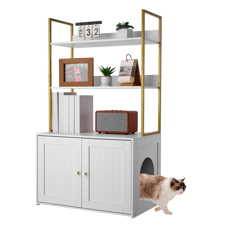 VEVOR Cat Litter Box Enclosure Furniture, 70 cm Hidden Litter Box Cabinet with Metal Legs & 2-Tier Storage Shelves, Waterproof Washroom Cat House, Fit Most of Litterbox, for Living Room