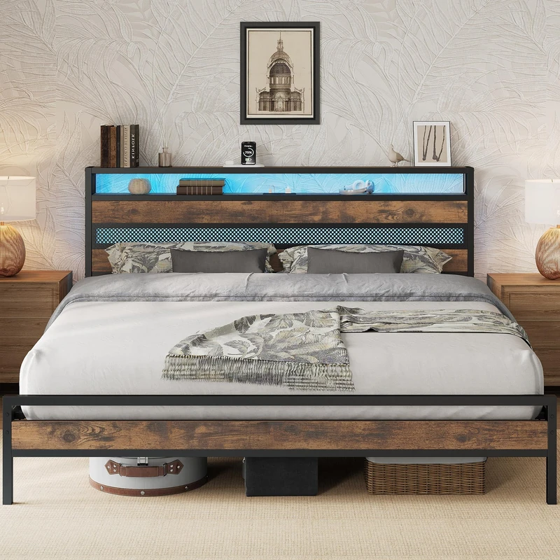 IRONCK 6ft Super King Bed Frame with Storage Headboard and Charging Station/LED Lights, Metal Platform Bed Frame Super King, Reinforced Strong Support Leg, UnderBed Storage, Vintage Brown