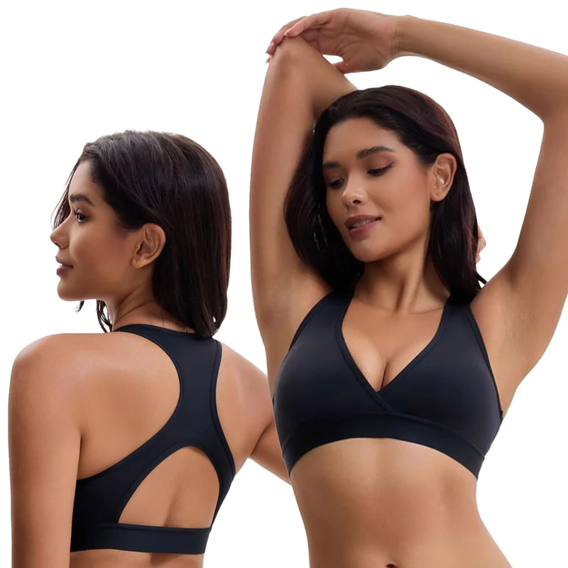 Fiohiros Sports Bras for Women Deep V Padded Sports Bra Seamless Wirefree Criss Cross Bra for Yoga Gym Runing (UK, Alpha, XL, Regular, Regular, Black)