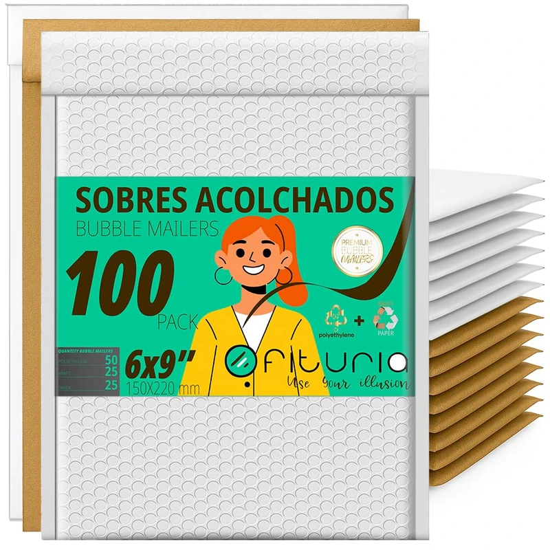 OFITURIA Mix Bubble Envelopes 150 x 220 mm Polyethylene, Kraft and White, Self-Adhesive Mailing Bags, Padded Packaging for Office, E-Commerce and Shipping (Pack of 100)
