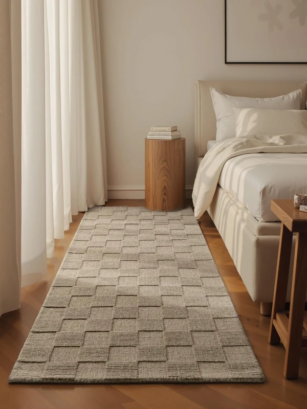 Villeroy & Boch Scala Wool Rug, Natural Living Room Rug, Hand Woven & Natural, Wool 3D Effect Checked High-Low Effect for Living Room, Bedroom, Dining Room, Hallway, Grey Beige, 80 x 200 cm - Image 1