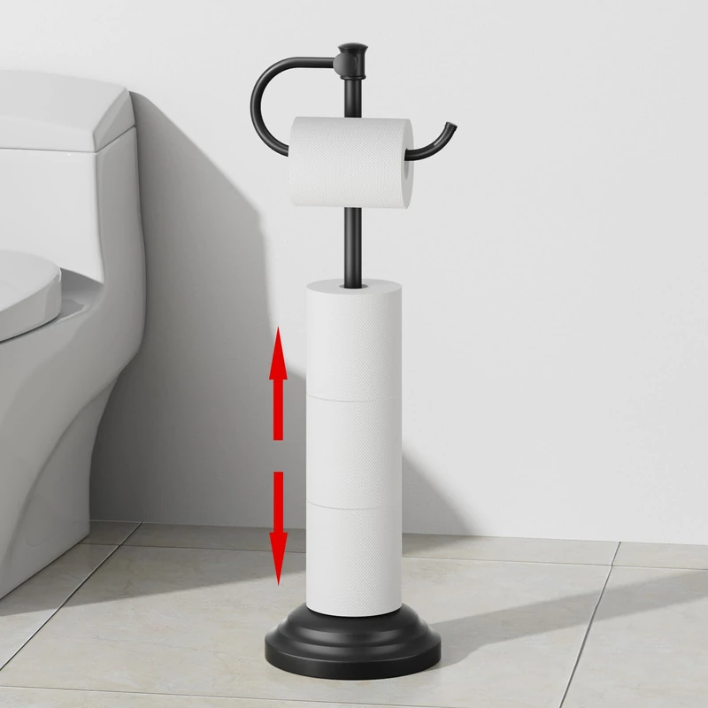 RUMOSE Toilet Paper Holder Stand for Floor, Matte Black Bathroom Free Standing Toilet Tissue Roll Holder with Storage, Adjustable 17-25 Inch, SUS304 Stainless Steel