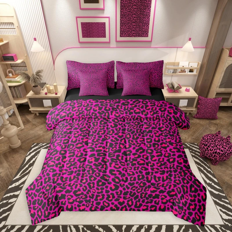 Erosebridal Hot Pink Leopard 7 Pieces Bedding Set Queen,African Cheetah Print Bed in a Bag,Animal Skin Texture Bed Set Includes Comforter,Sheet Set,Pillowcases & Pillow Covers,Farmhouse Bedroom Decor
