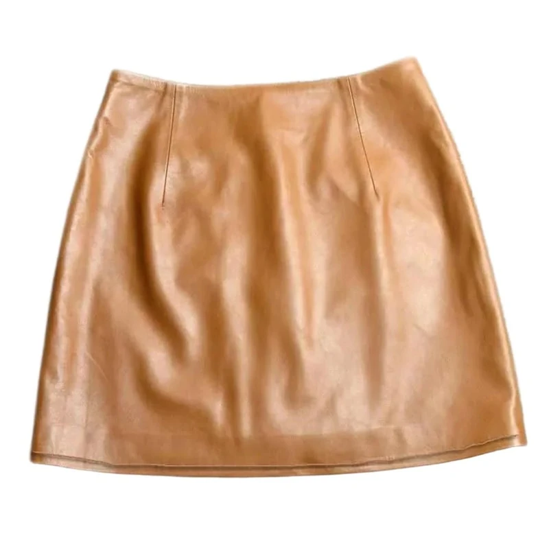 Women Genuine Leather A Line Skirt High WAIS Slim Fit Wrap Style Bodycon Mini Skirts Khaki