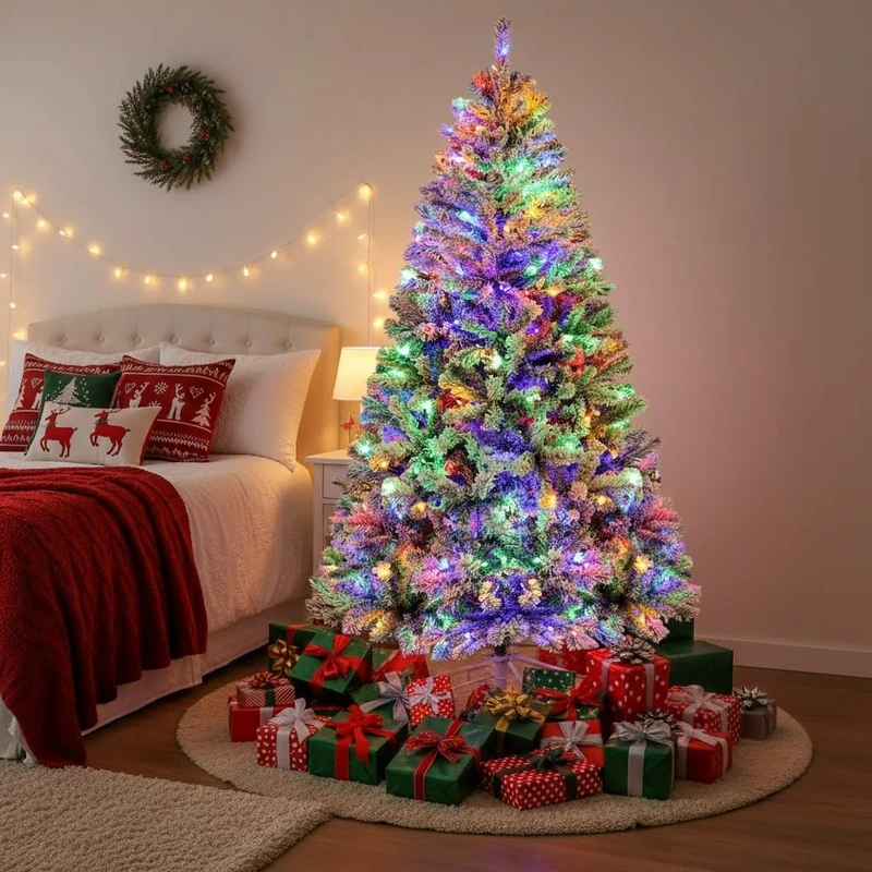 Himimi Snow Flocked Christmas Tree 6ft, Pre Lit Snowy Christmas Tree with Multicolor LED Lights, Bushy 1000 Branch Tips, Frosted Artificial Xmas Tree with Metal Stand, Home Office Holiday Winter Décor