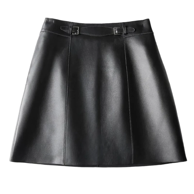 Women's Genuine Leather High Waist Mini Skirt with Buttons Retro Sexy Style A-Line Skirts Black