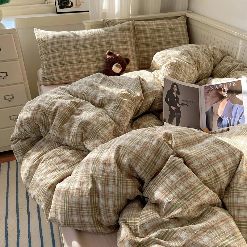 mixinni Twin XL Size Duvet Cover Set - 3 Piece Washed Cotton Vintage Geometric Plaid Bedding Set with Zipper Closure, Soft & Breathable Green Pink White Buffalo Check Pattern for All Seasons