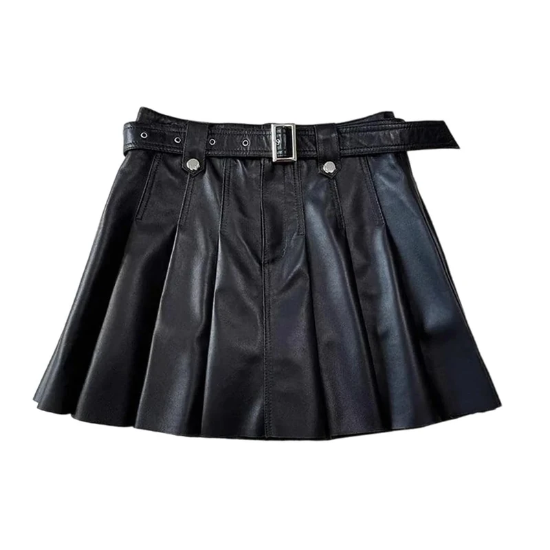 Women's Soft Genuine Leather Mini Pleated Skirt High Waist Belted Slim Fit Short Style Skirts Black