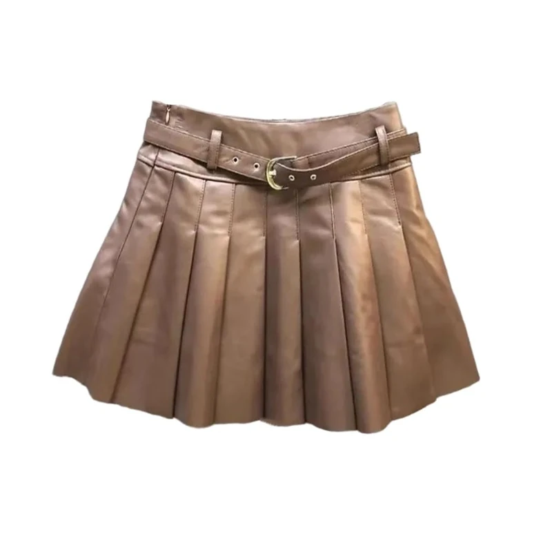 Women Sheepskin Leather Pleated Skirt High Waist Belt Casual Party Mini Skort Skirts Brown
