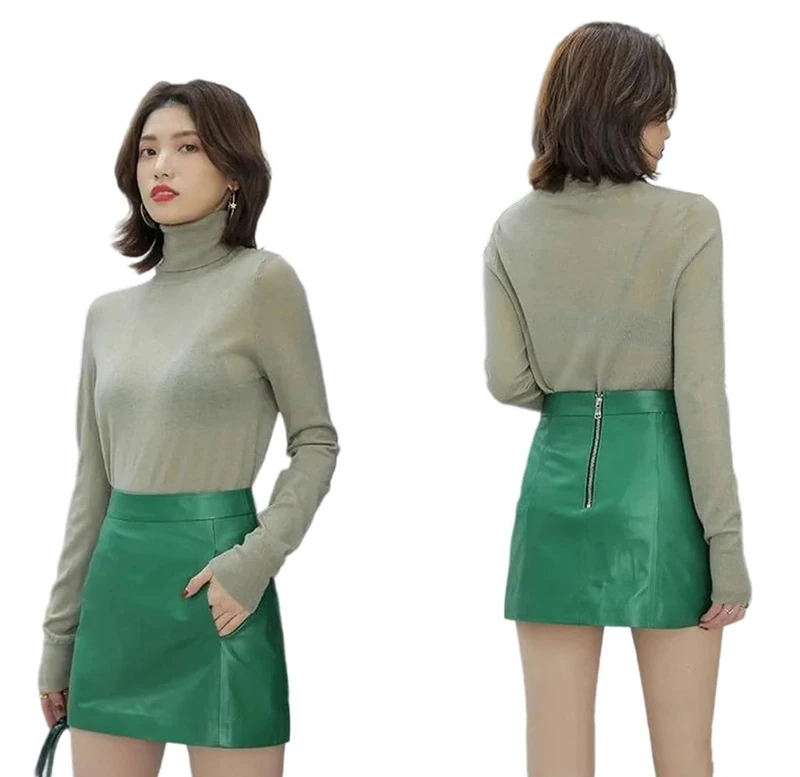 Women's Genuine Leather High Waist Skirt Office Lady Slim Mini Short Pants Skirt Style