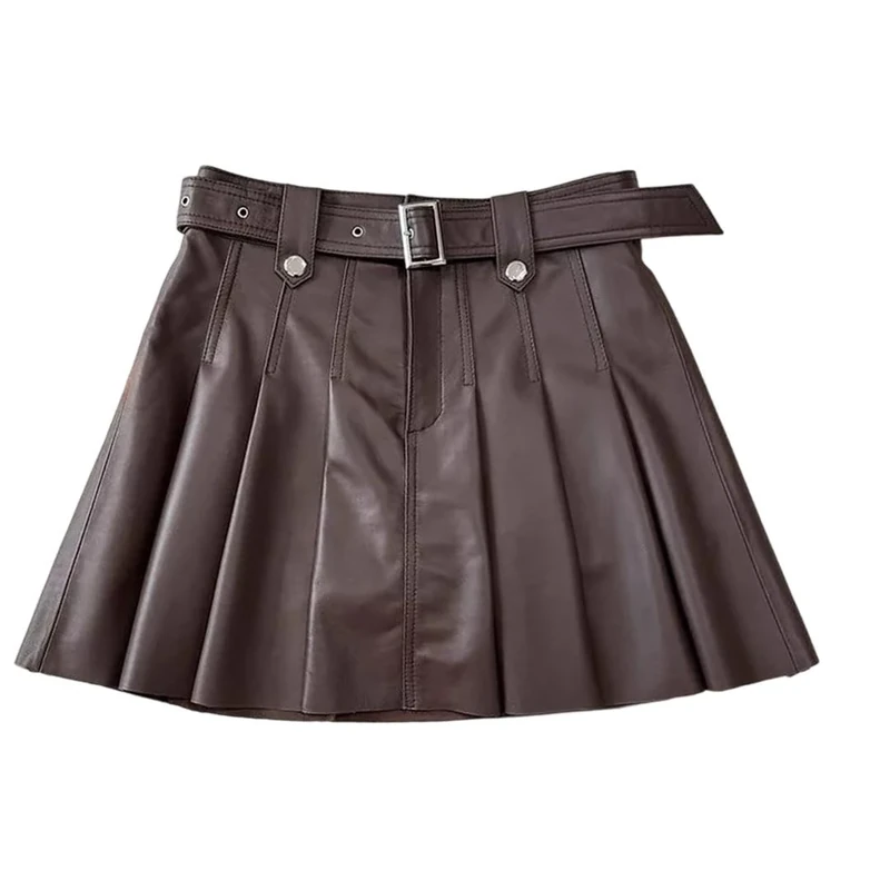 Women's Soft Genuine Leather Mini Pleated Skirt High Waist Belted Slim Fit Short Style Skirts Coffee