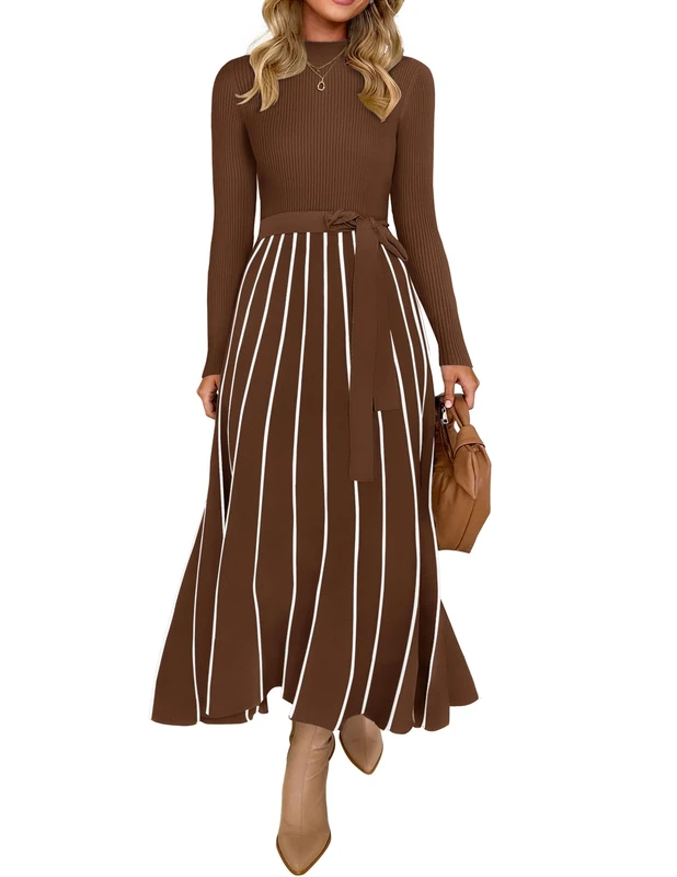 ZESICA Womens 2025 Fall Turtleneck Long Sleeve Sweater Dress Tie Waist Casual Loose Ribbed Knit A Line Midi Dresses, Brown, M