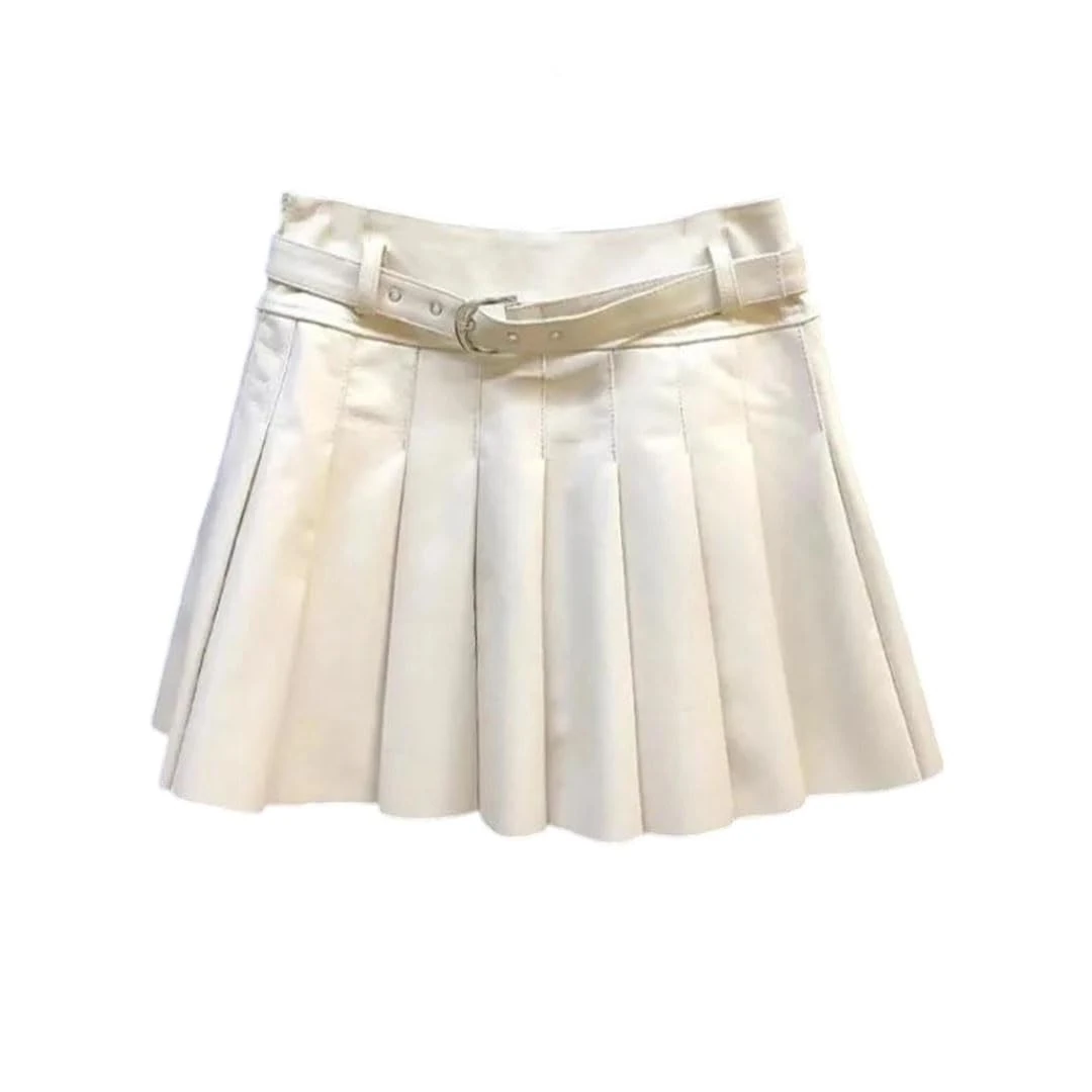 Women Sheepskin Leather Pleated Skirt High Waist Belt Casual Party Mini Skort Skirts Beige White