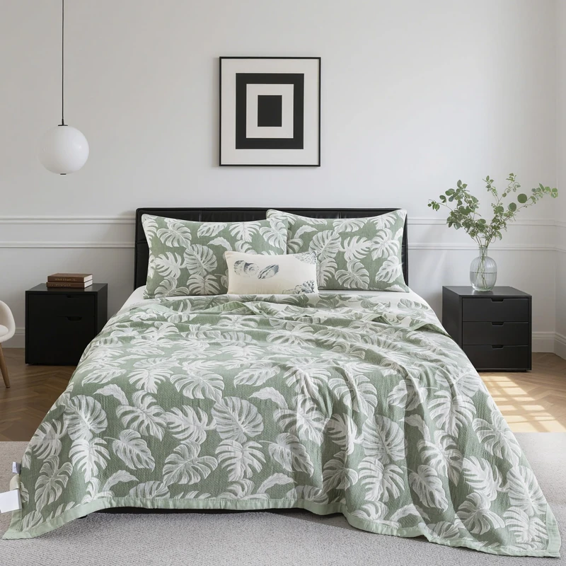 Purefair 100% Cotton Muslin Jacquard 2 Piece Quilt Set Tropical Monstera Leaf Print, Soft 3 Layers Gauze Bed Cover Reversible Bedspread Coverlet Breathable Lightweight Bedding Set, Twin