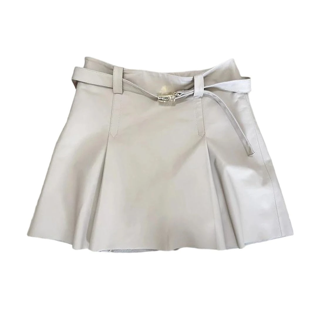 Women's Genuine Leather High Waist Mini Skirt A-Line Pleated Skirts with Lining Beige White