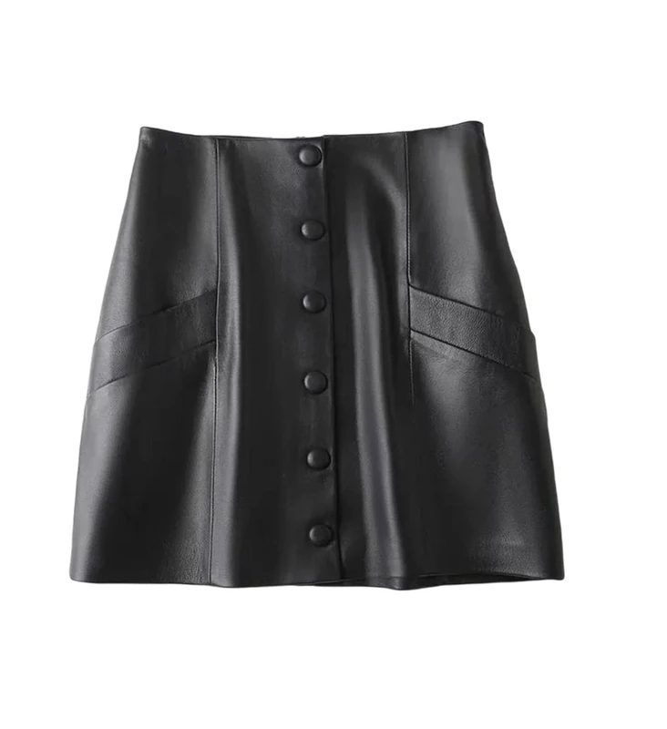 Women's Genuine Leather High Waist Mini Skirt Sexy Solid Hip Wrap Office Lady Skirts Black