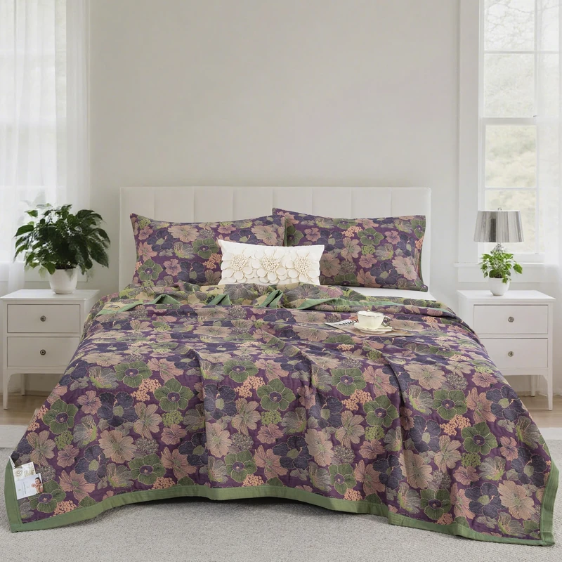 Purefair 100% Cotton Muslin Jacquard 3 Piece Quilt Set Floral Peach Blossom Print, Soft 3 Layers Gauze Bed Cover Reversible Bedspread Coverlet Breathable Lightweight Bedding Set, King