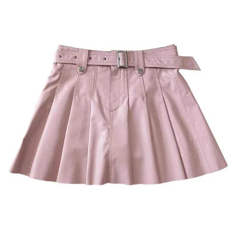 Women's Soft Genuine Leather Mini Pleated Skirt High Waist Belted Slim Fit Short Style Skirts
