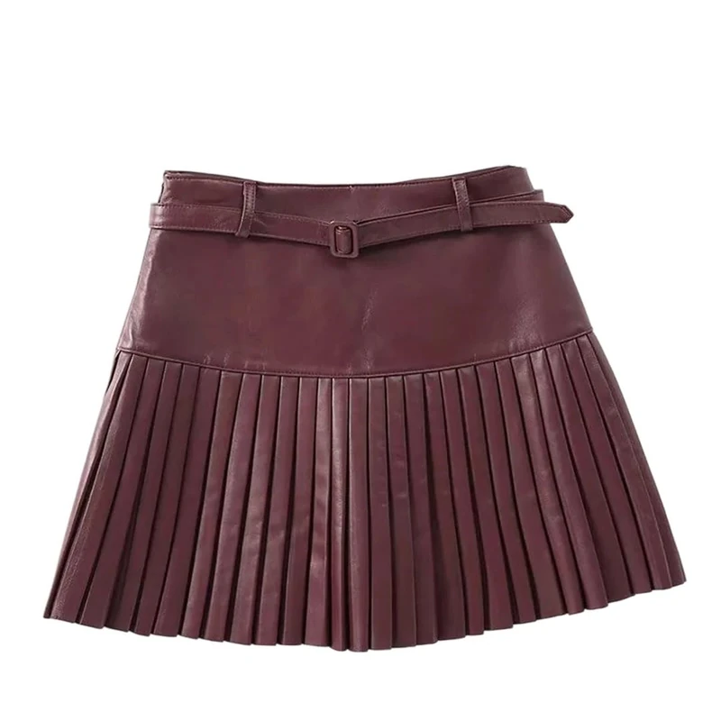 Women's Genuine Leather High Waist Mini Pleated Skirt Preppy Style with Sashes Skirts Burgundy