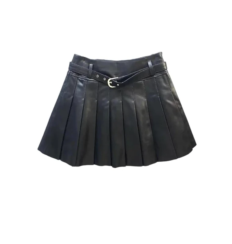 Women Sheepskin Leather Pleated Skirt High Waist Belt Casual Party Mini Skort Skirts Black