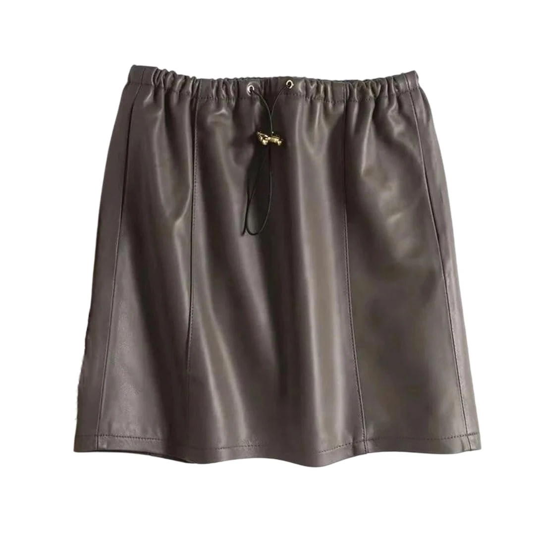 Women's Pu Leather High Waist Mini Skirt Sexy Elastic Waist Solid Casual Short Skirts Brown