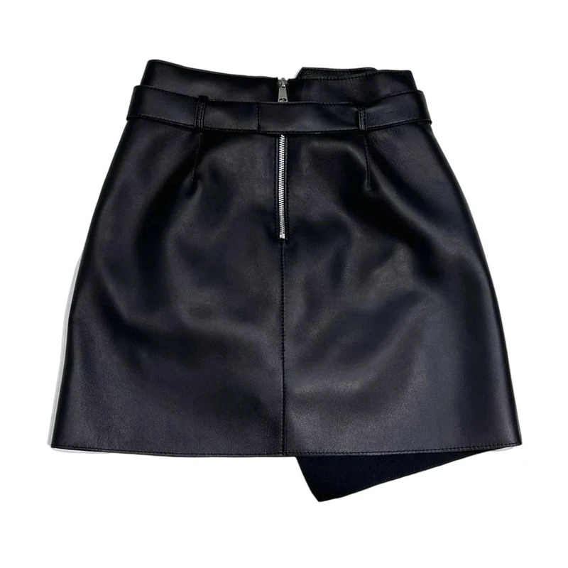 Women's Genuine Leather Mini Skirt High Waist A-Line Sexy Style Skirts with Belt Brown