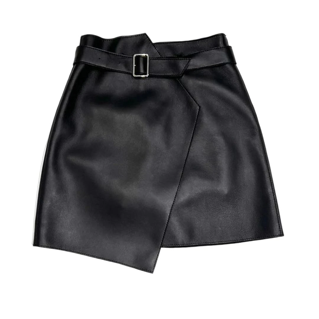 Women's Genuine Leather Mini Skirt High Waist A-Line Sexy Style Skirts with Belt Black