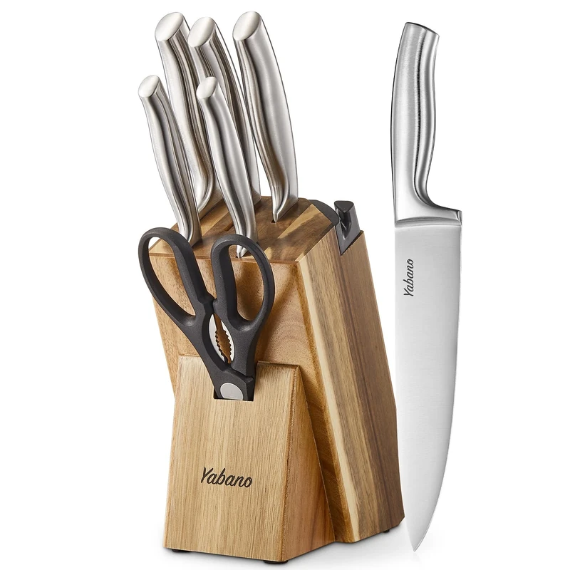 Kitchen Knife Set with Block, Yabano 7 Piece German Stainless Steel Knives Set with Built-in Sharpener, Chef Knife Set with Scissors and Acacia Wood Block, Sharp Knives for Home Cooking