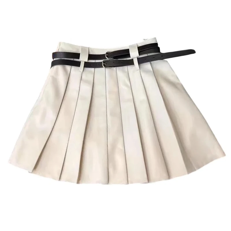 Women Double Waistband Leather Skirt Solid Preppy Style A-Line Pleated Mini Skirts White