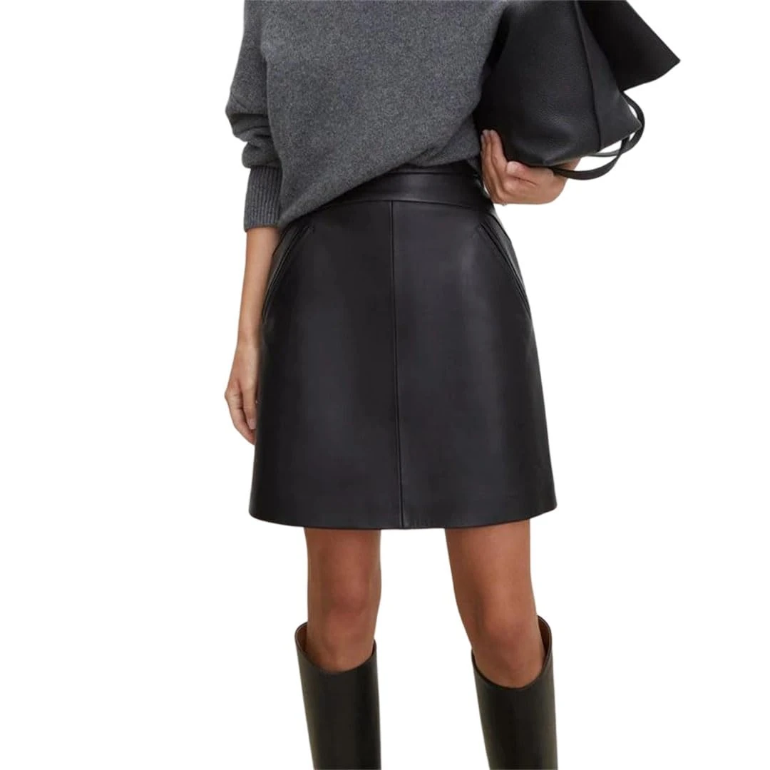 Women's Genuine Leather High Waist Mini Skirt Retro A-Line Sexy Style Office Casual Skirts Black