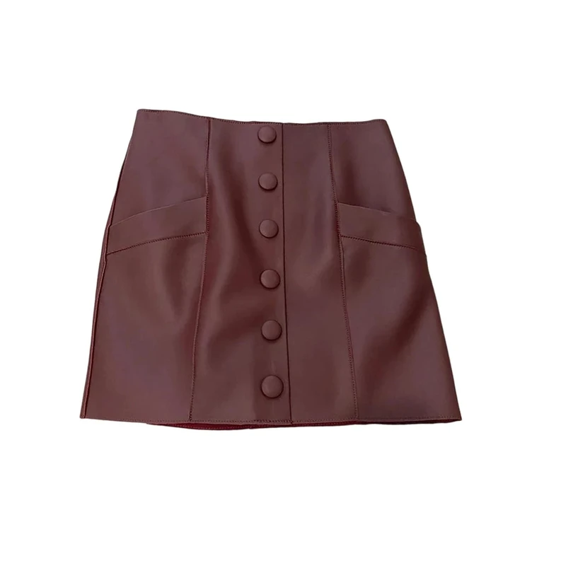Women's Genuine Leather High Waist Mini Skirt Sexy Solid Hip Wrap Office Lady Skirts Wine Red