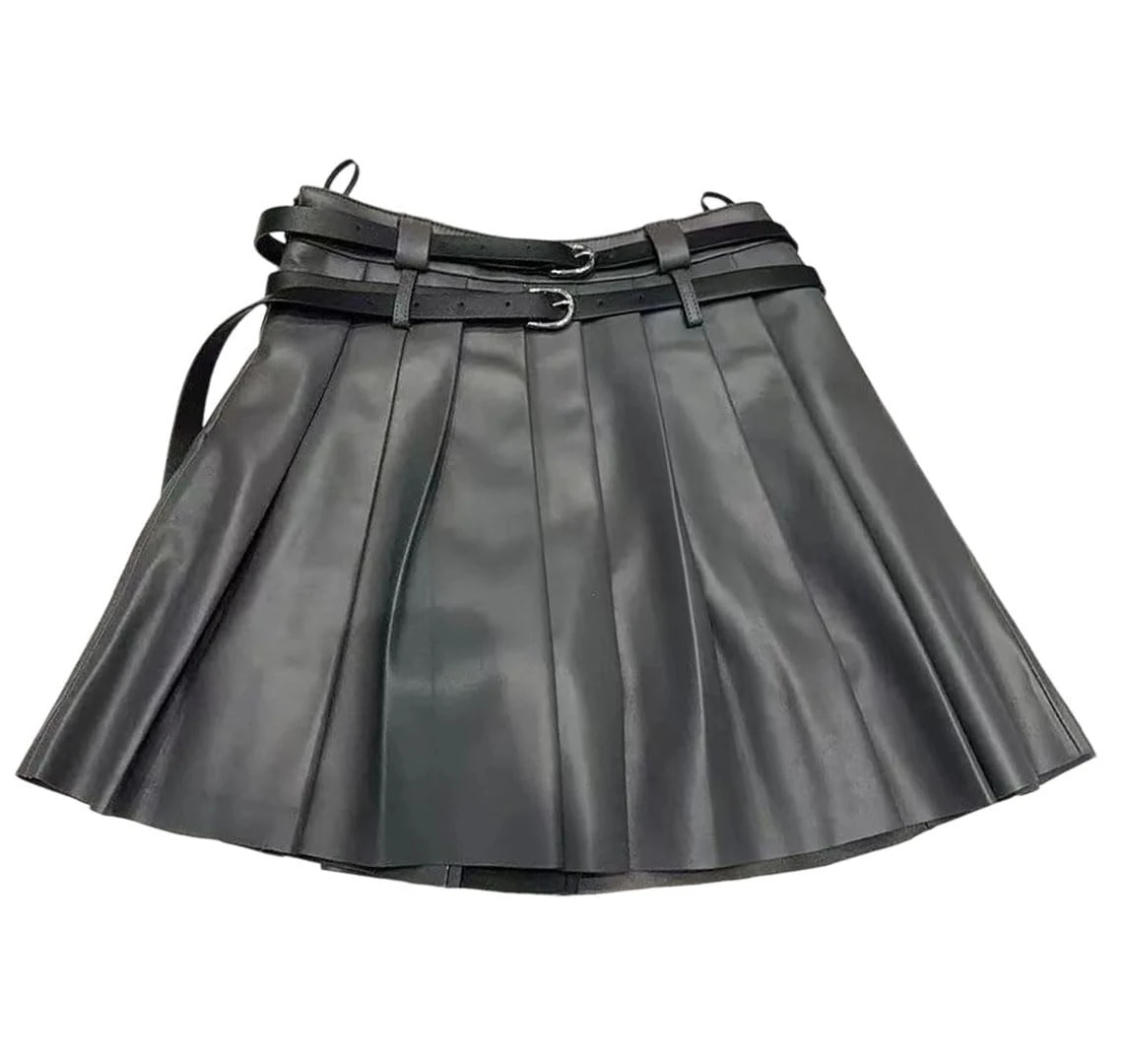 Women Double Waistband Leather Skirt Solid Preppy Style A-Line Pleated Mini Skirts