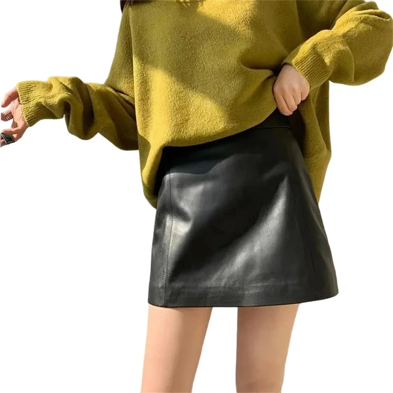 Women's Genuine Leather High Waist Skirt Office Lady Slim Mini Short Pants Skirt Style