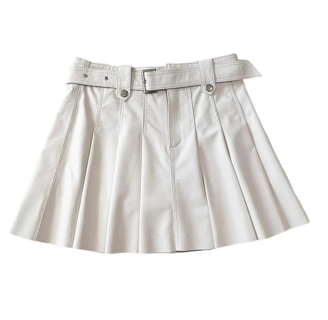 Women's Soft Genuine Leather Mini Pleated Skirt High Waist Belted Slim Fit Short Style Skirts Beige White