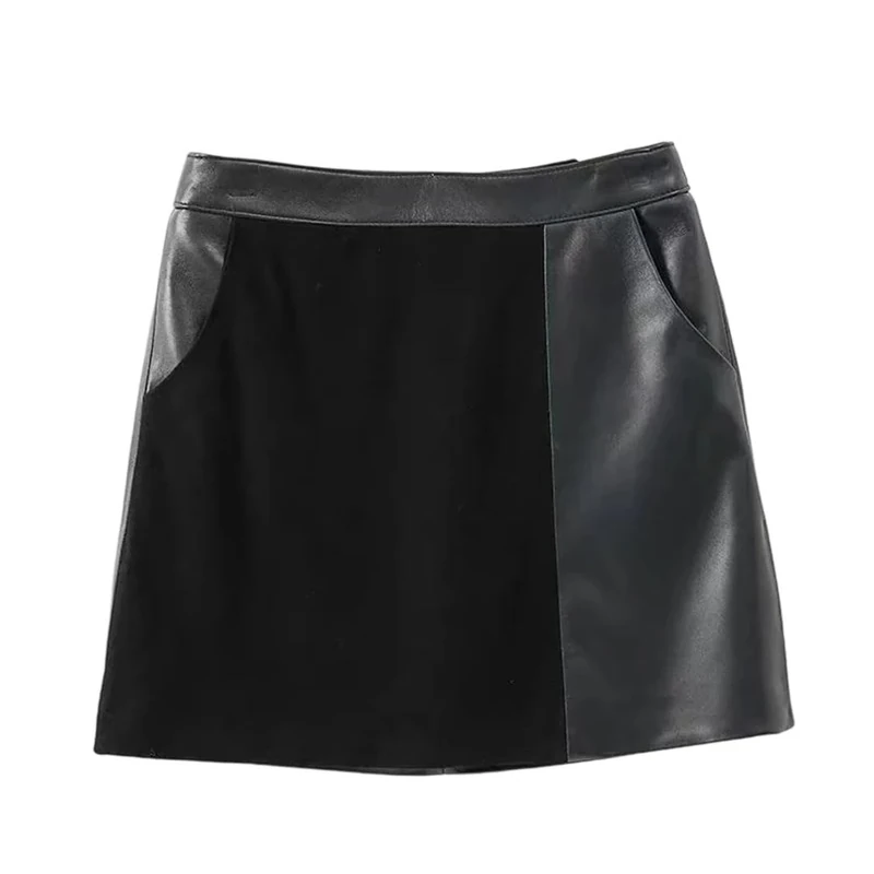 Women's Sheepskin Suede Mini Skirt Patchwork A-Line Asymmetric Slim Fit Short Style Skirts Black