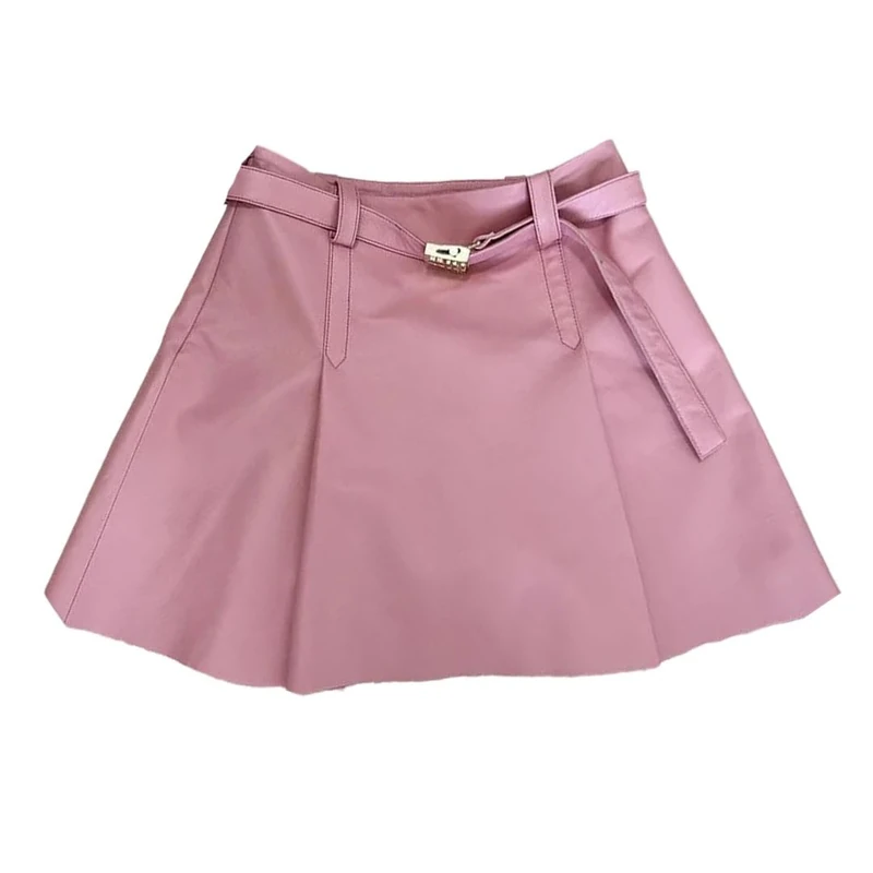 Women's Genuine Leather High Waist Mini Skirt A-Line Pleated Skirts with Lining
