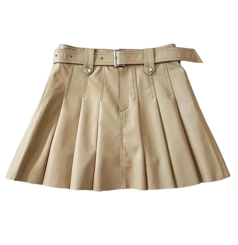 Women's Soft Genuine Leather Mini Pleated Skirt High Waist Belted Slim Fit Short Style Skirts