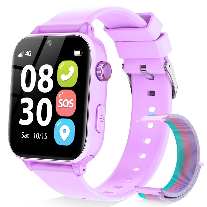 BJLBOJEY 4G Kids Smart Watch for Boys Girls, Kid GPS Tracker Watch Phone Video Call Pedometer School Mode Games SOS Birthday for 5-12 Years Old (Purple)