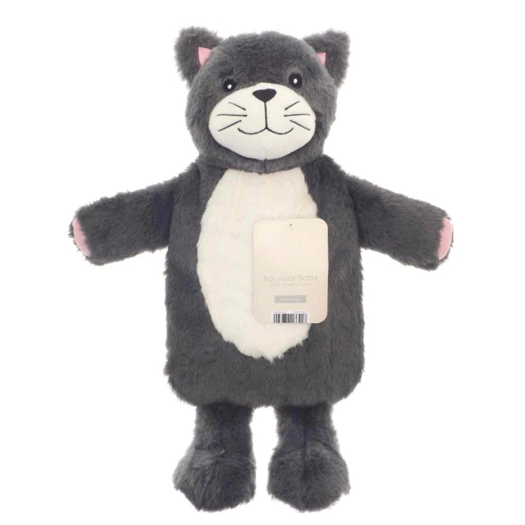 Hot Water Bottle with Cover 1 Litre - Fluffy Faux Fur Fleece Cover Durable Winter Warm - Natural Rubber- Adults and Kids Cute Animal Fleece Novelty Plush Hot Water Bag Cosy Gifts (Grey Cat)