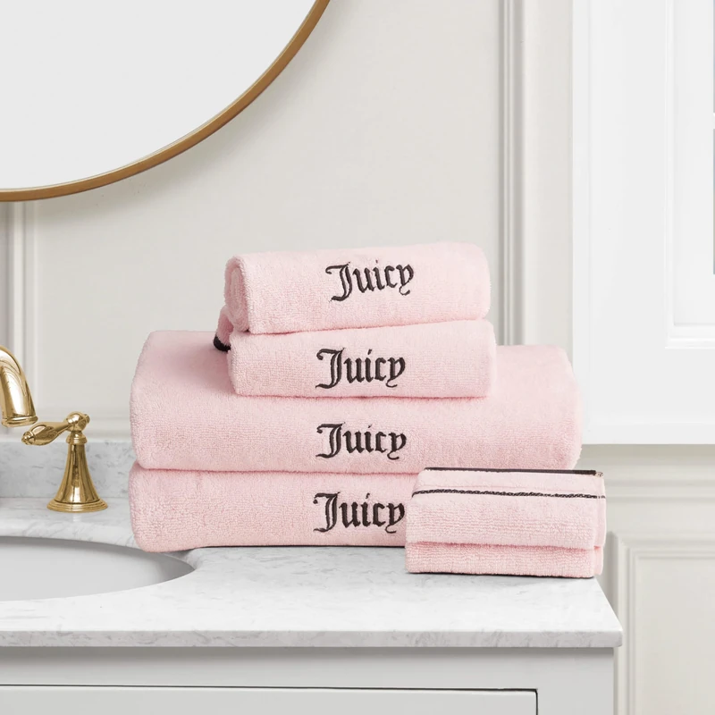 Juicy Couture Light Pink/Black Border Bath Towels 6-Piece 100% Cotton Bath Towel Set