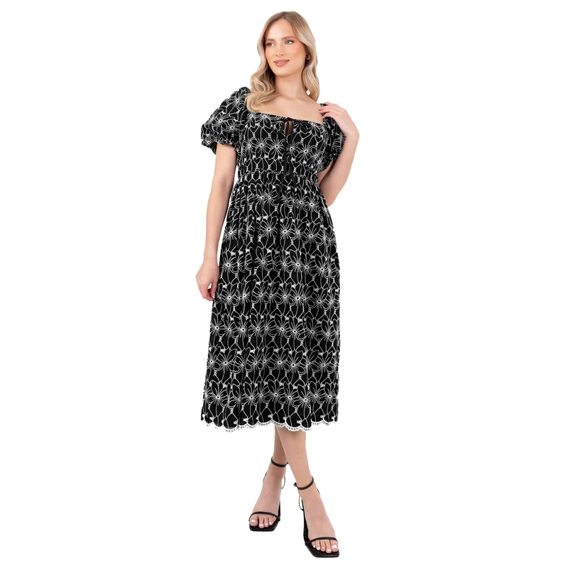 Lovedrobe Women's Midi Dress Ladies Short Puff Sleeve Square Neck Broderie Anglaise Milkmaid Peasant Tiered Scalloped Hem Boho Bow, Black 24 - Image 1