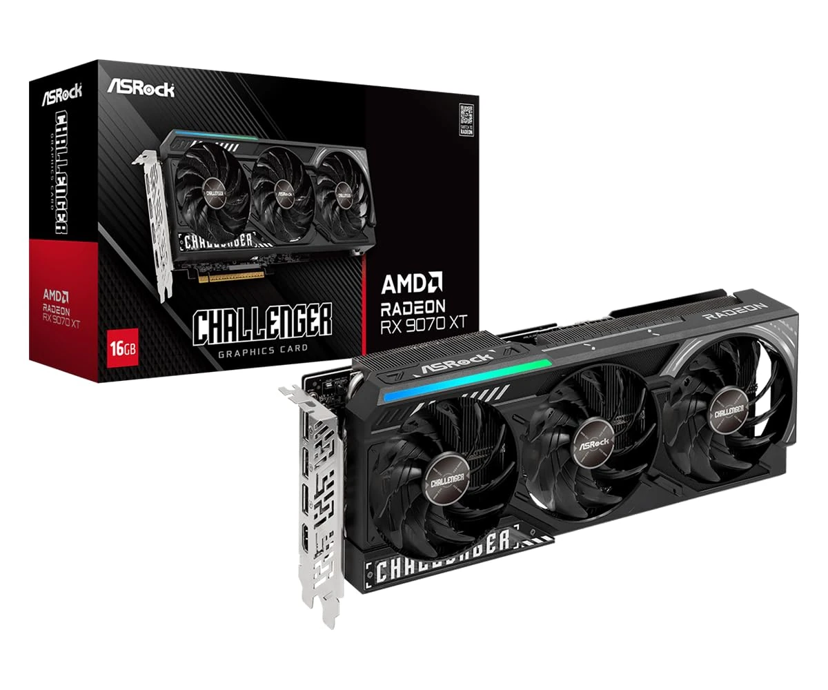 ASRock Radeon RX 9070 XT Challenger 16GB OC Graphics Card - AMD RDNA 4 Architecture, 2970 MHz Boost Clock, 16GB GDDR6, PCIe 5.0, DisplayPort 2.1a, HDMI 2.1b, Triple Fan Cooling 800W