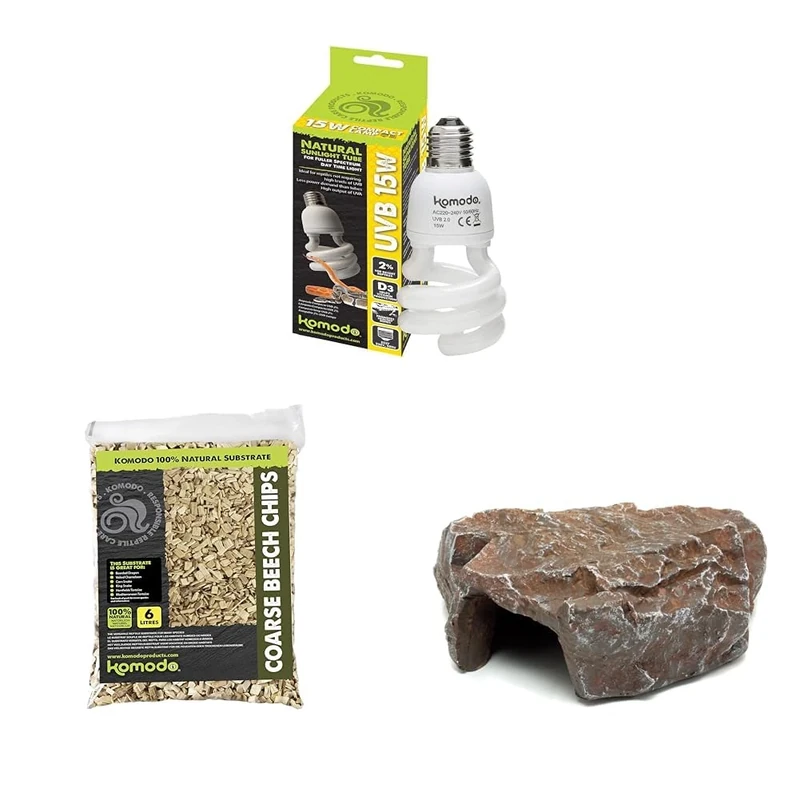 Komodo Crested Gecko Diet Tropical Fruit & Insect 60 g, Coarse Beech Chips 6 L (41×29×10 cm) & Brown Rock Den Large – Gecko Food, Substrate & Hideout Kit - Image 1